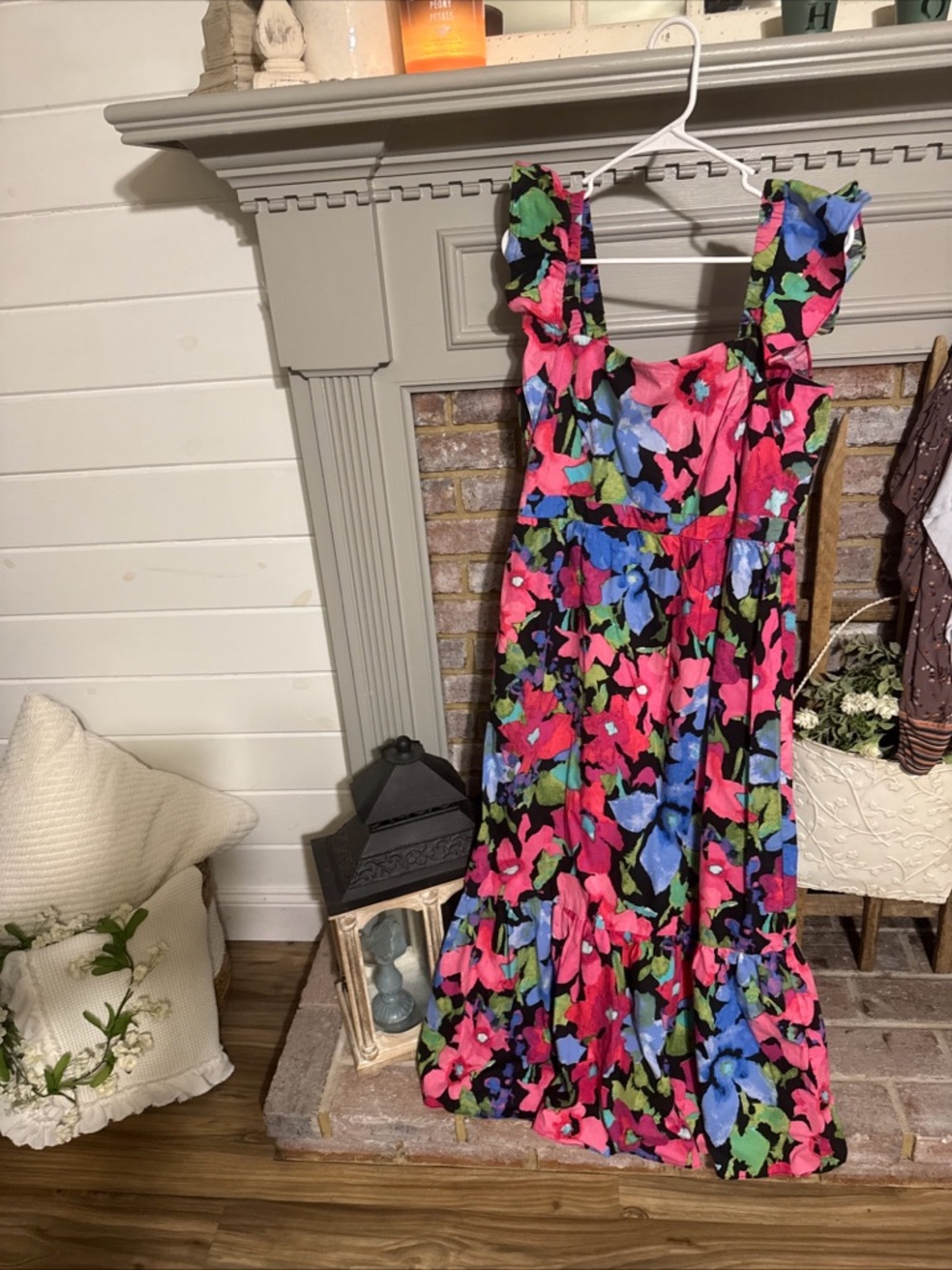 London Times Floral Ruffle Strap Maxi Dress - Pink, Blue & Green